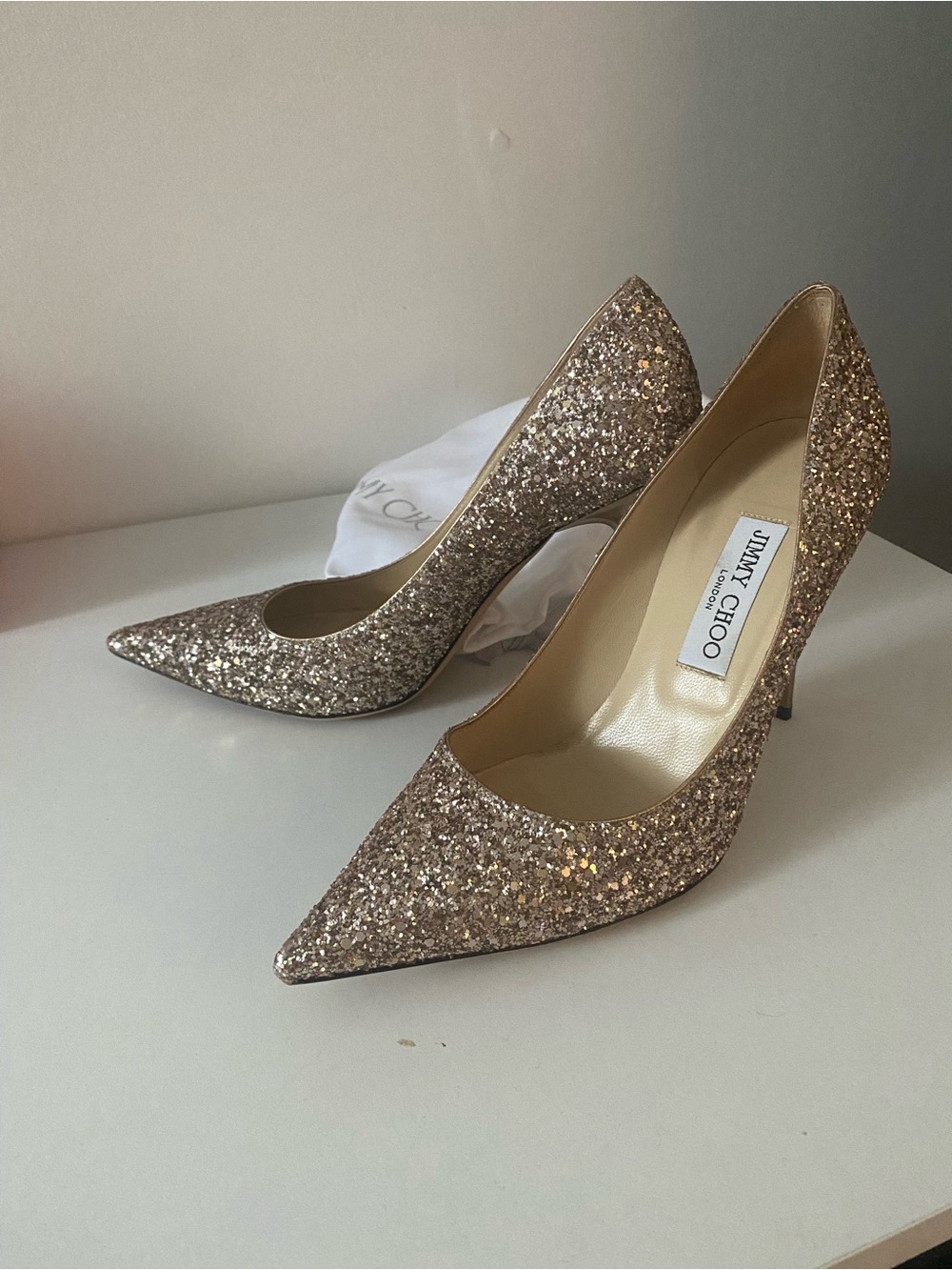 Jimmy Choo Gold Glitter Pointed-Toe Pumps
